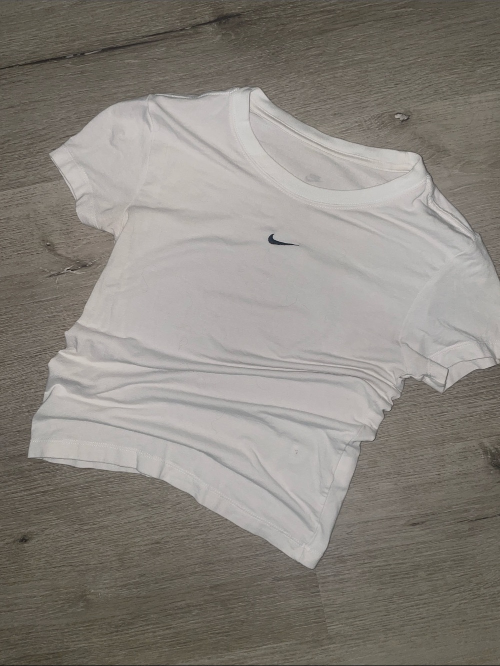 Nike White Women's Cropped Tee with Small Black Swoosh